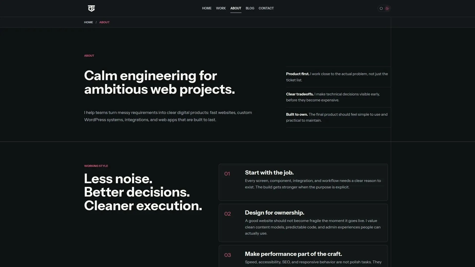 the new Astro about page, including the working style cards and capabilities grid