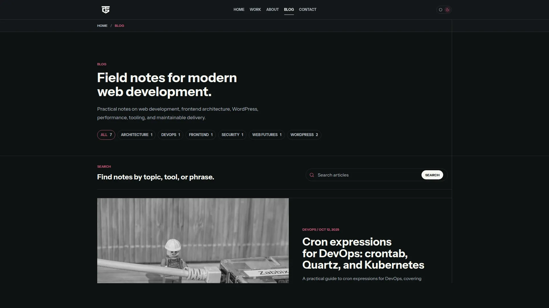 the new Astro blog listing with category filters, a search box, and a featured post