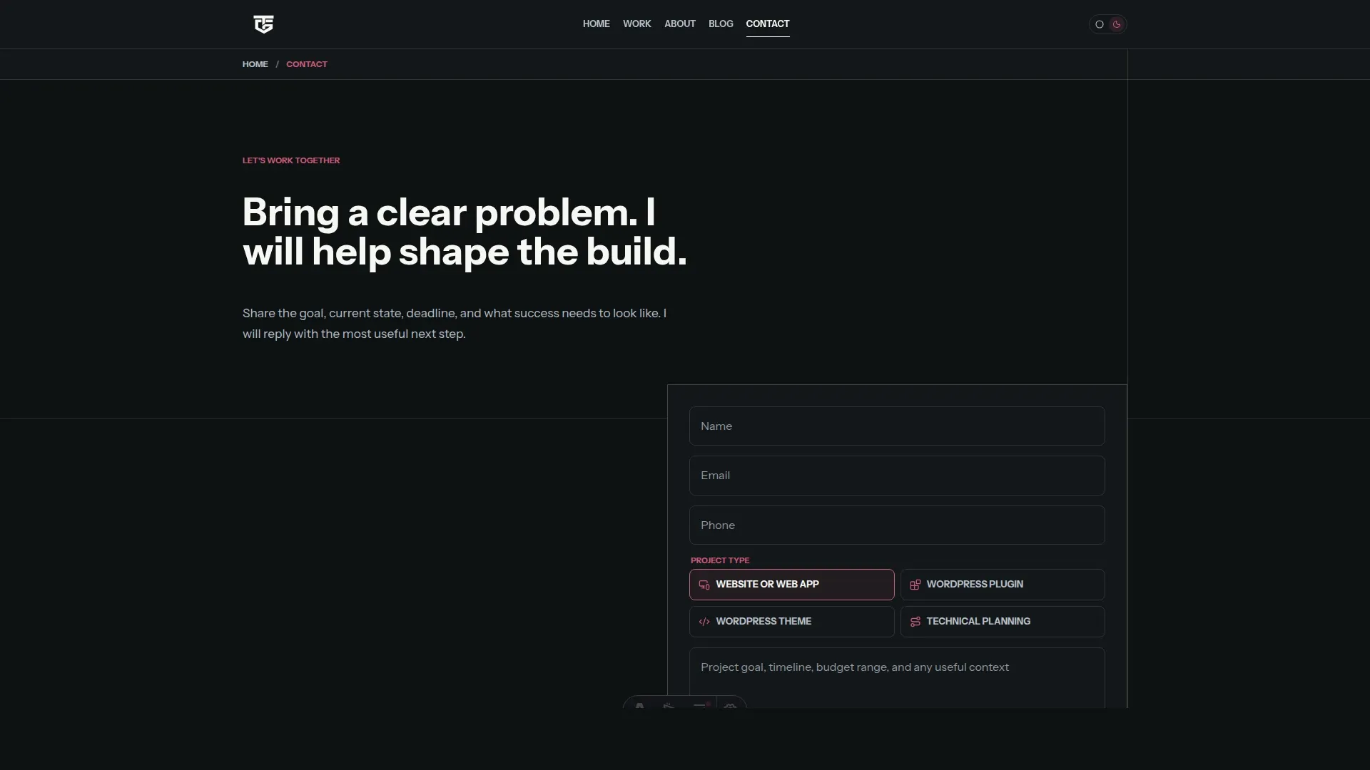 the new Astro contact page with a project type selector and a cleaner form