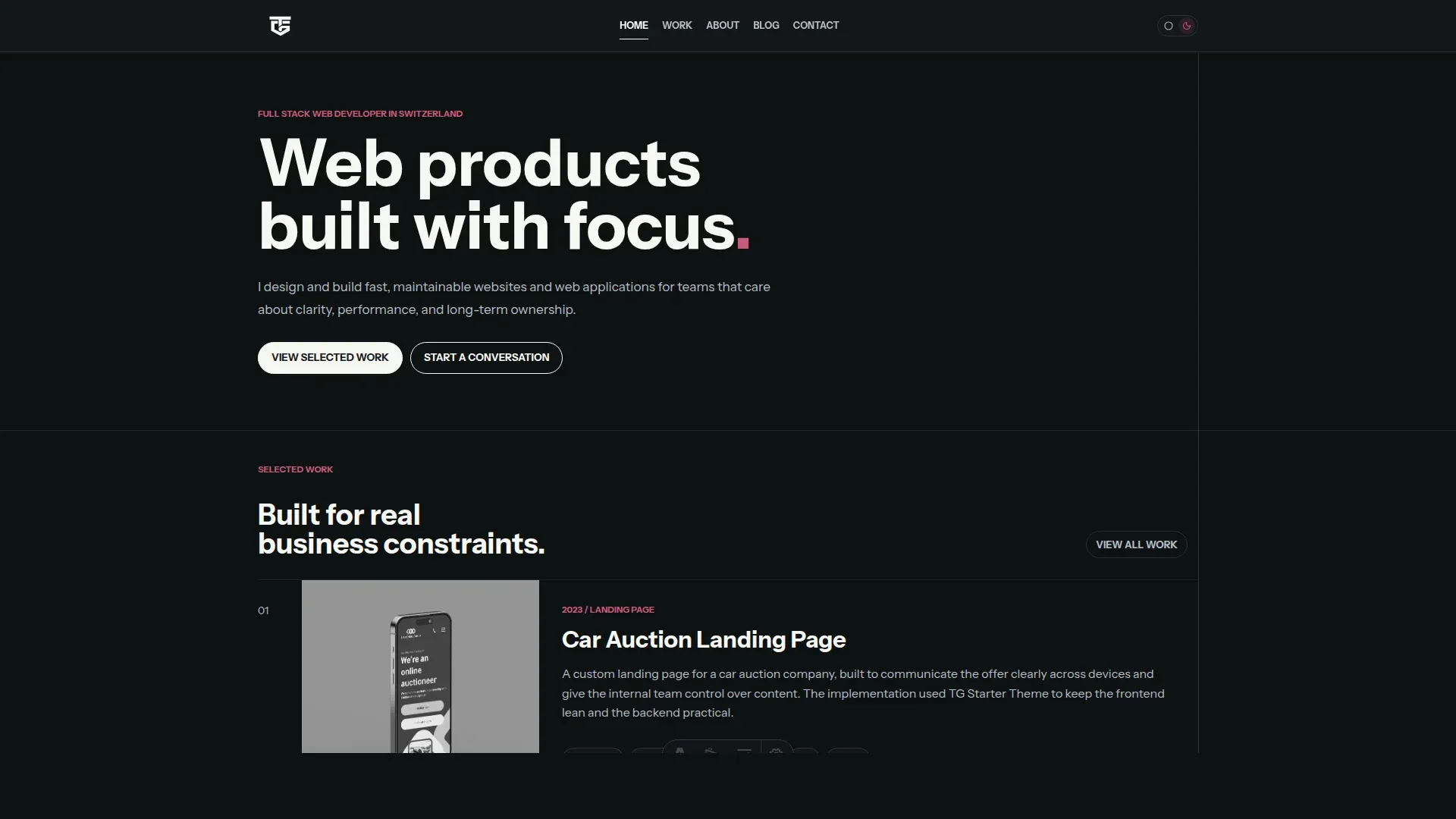 the new tiagogalvao.com Astro homepage with a dark hero and pink accent