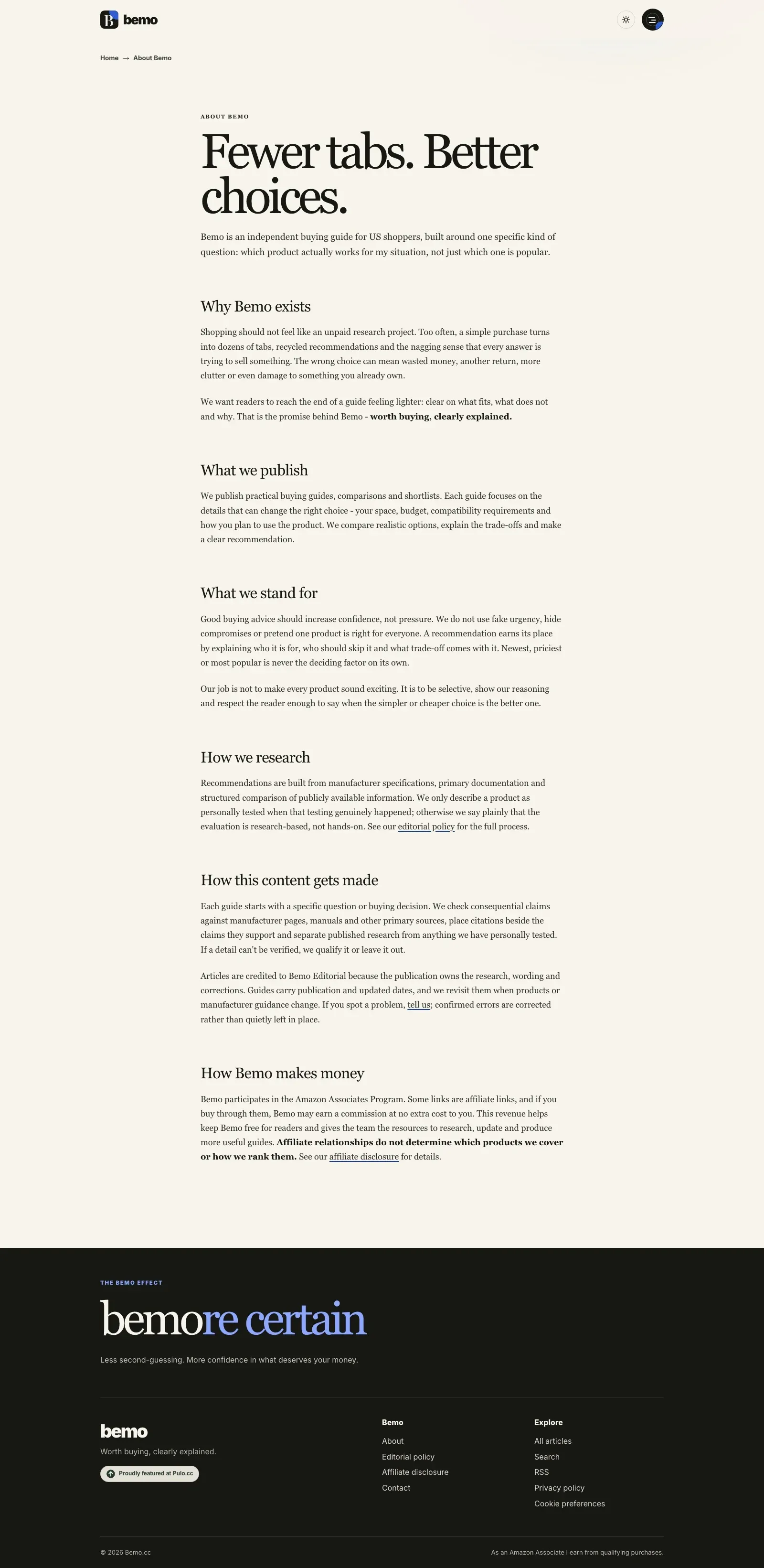 the full bemo.cc about page, top to bottom, covering why Bemo exists, what it publishes, how it researches, and how it makes money