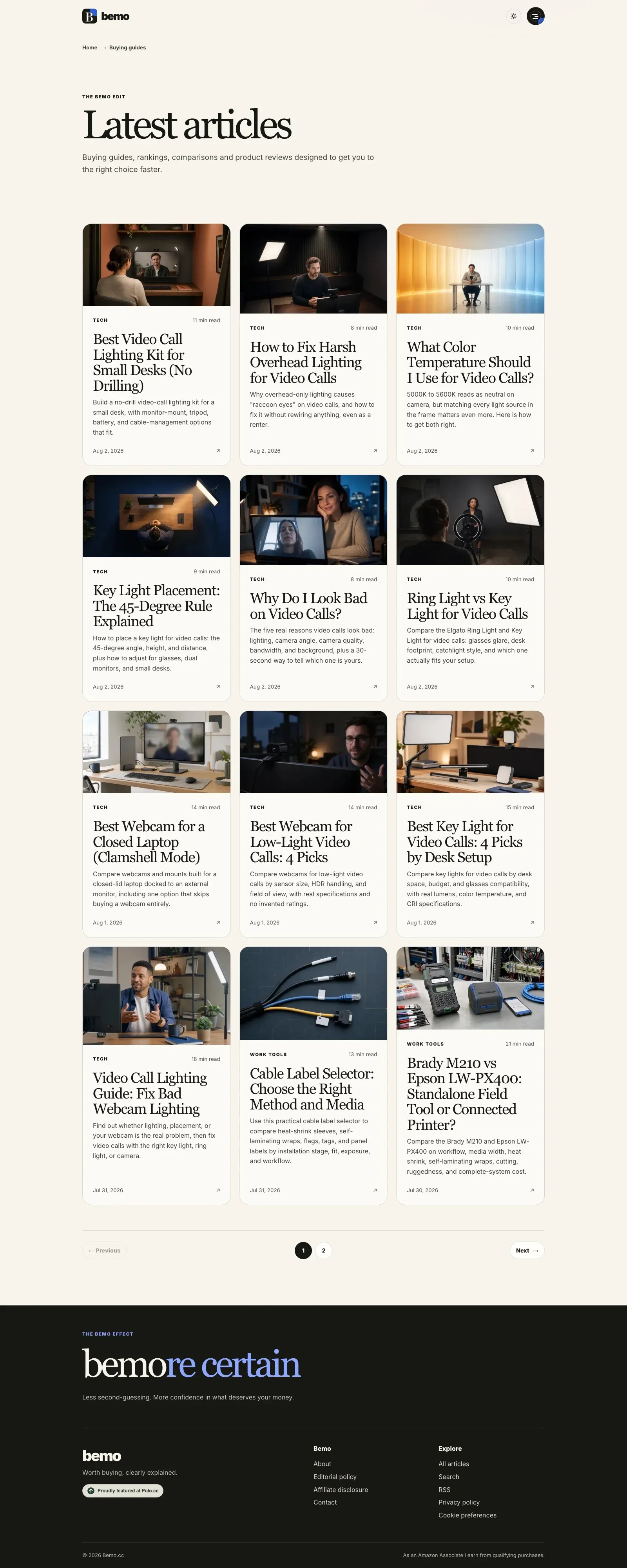 the full bemo.cc blog listing page, top to bottom, showing the search box, category filters, and the full grid of buying guide articles