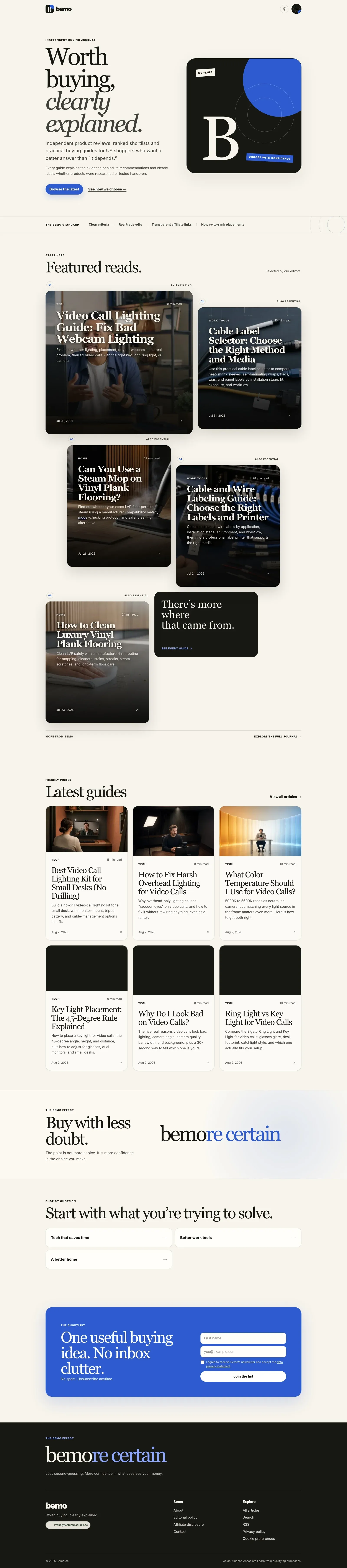 the full bemo.cc homepage, top to bottom, showing the hero, featured reads, the latest guides grid, and the footer