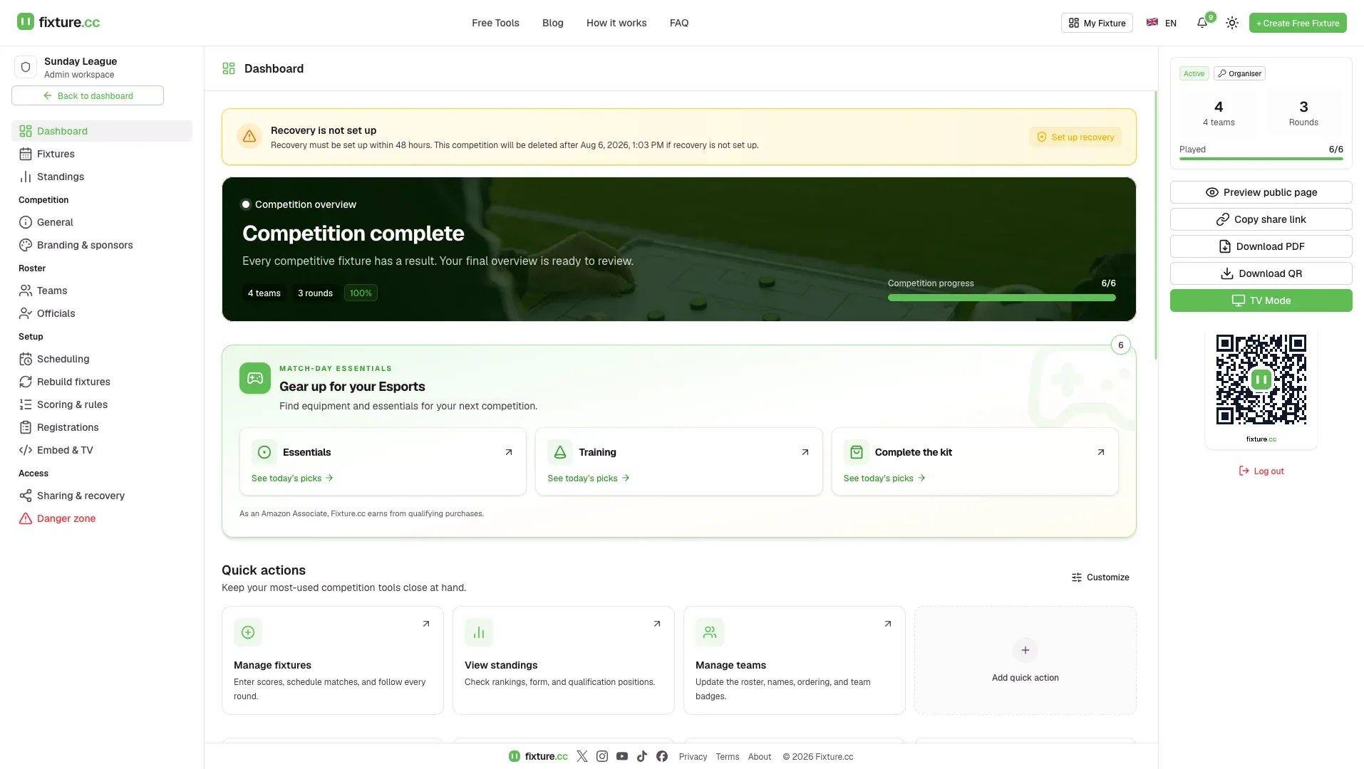 the fixture.cc admin dashboard for a real competition called Sunday League, showing a recovery reminder banner, a competition complete summary, and quick actions for fixtures, standings, and teams