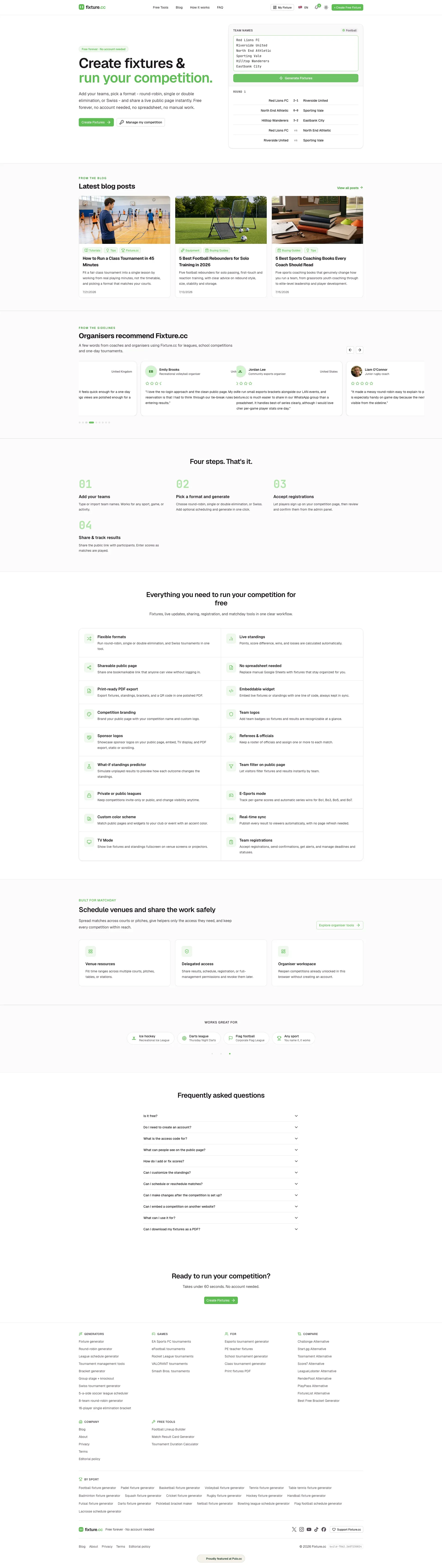 the full fixture.cc homepage, top to bottom, showing the hero fixture generator, the four-step workflow, the full feature list, and the FAQ
