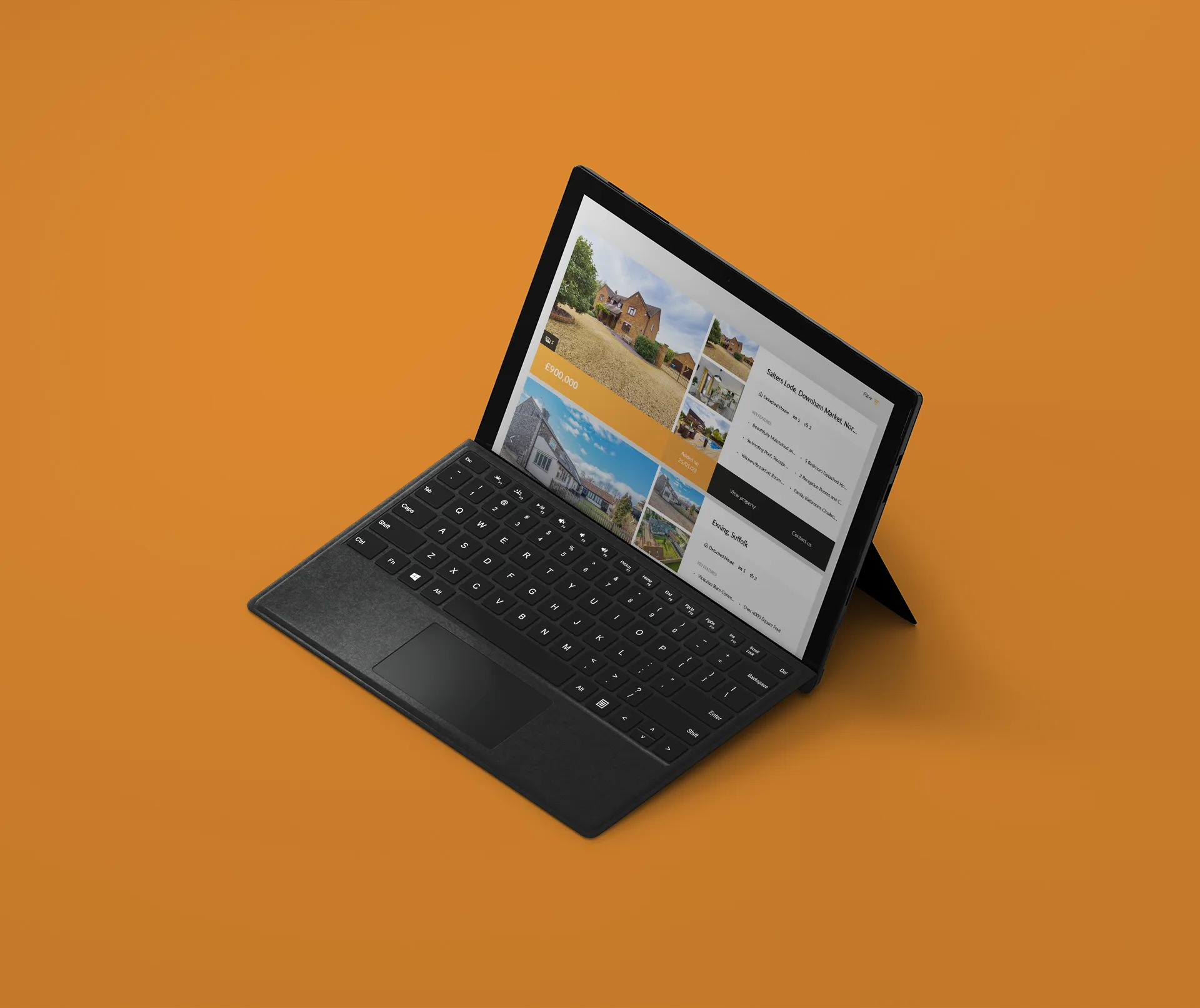 an image with orange background with a laptop showing property search features