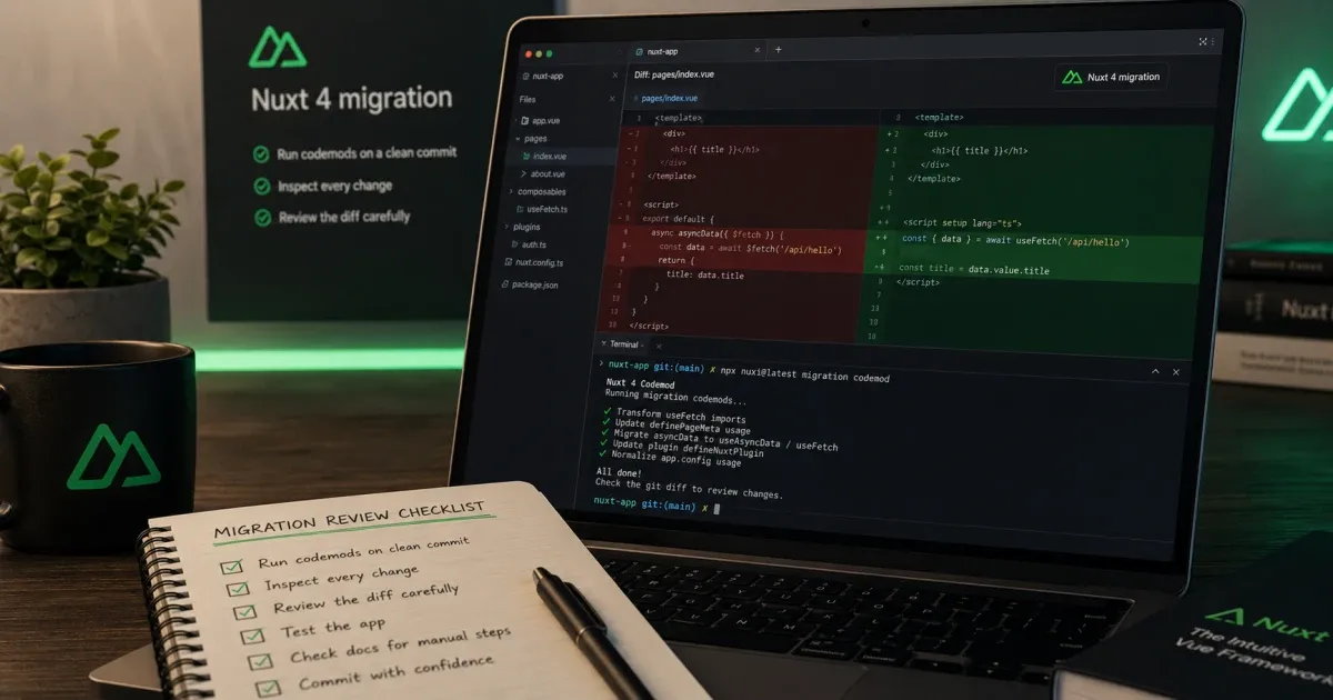 A developer reviewing Nuxt migration codemod changes beside a written checklist