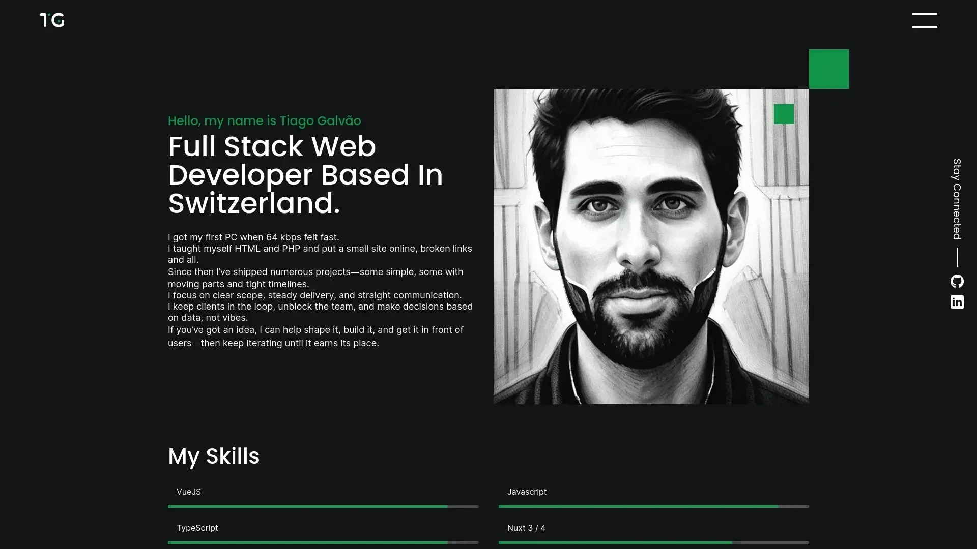 the old WordPress about page, including the skills progress bars and embedded contact form