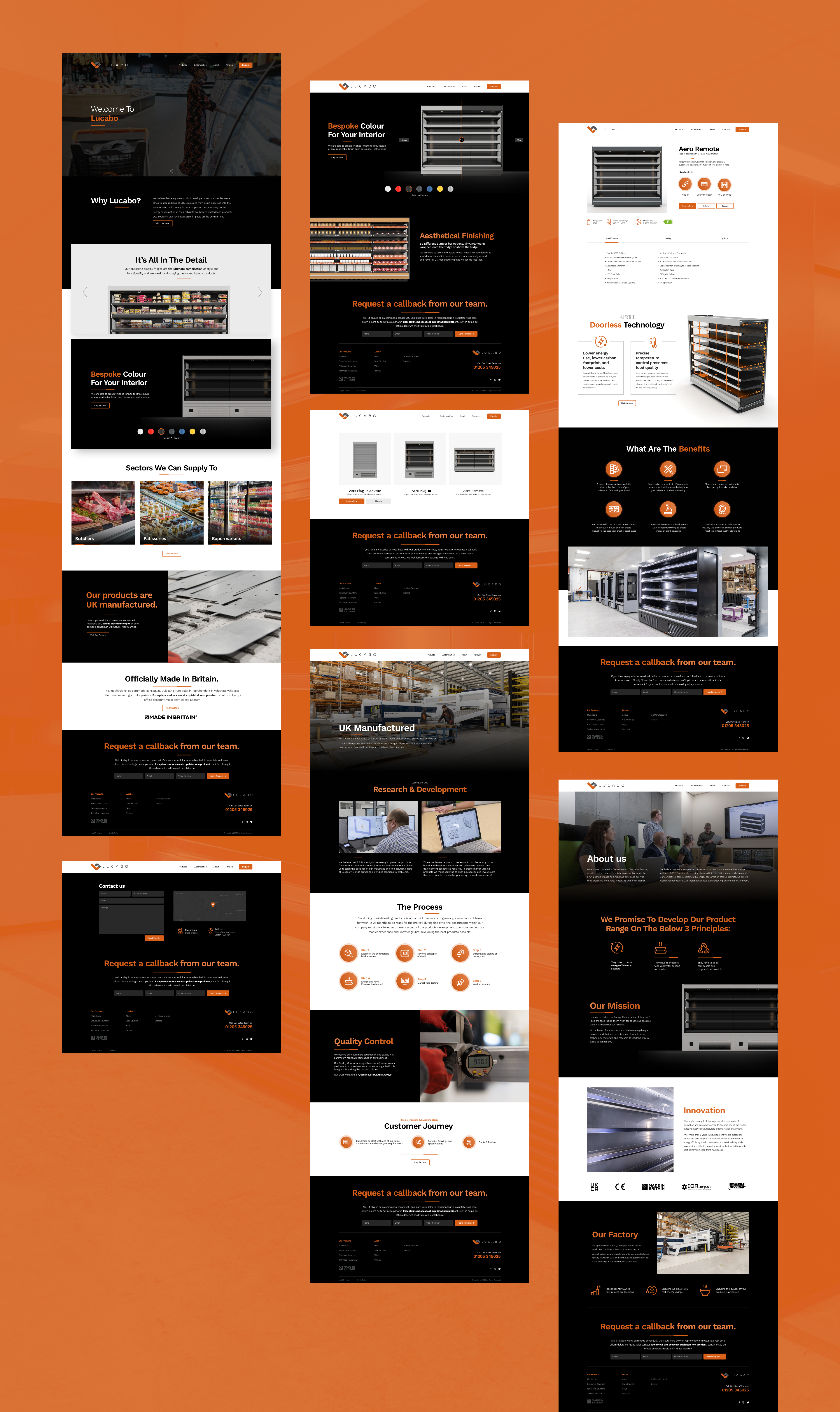 all the screens of lucabo website - a product showcase website