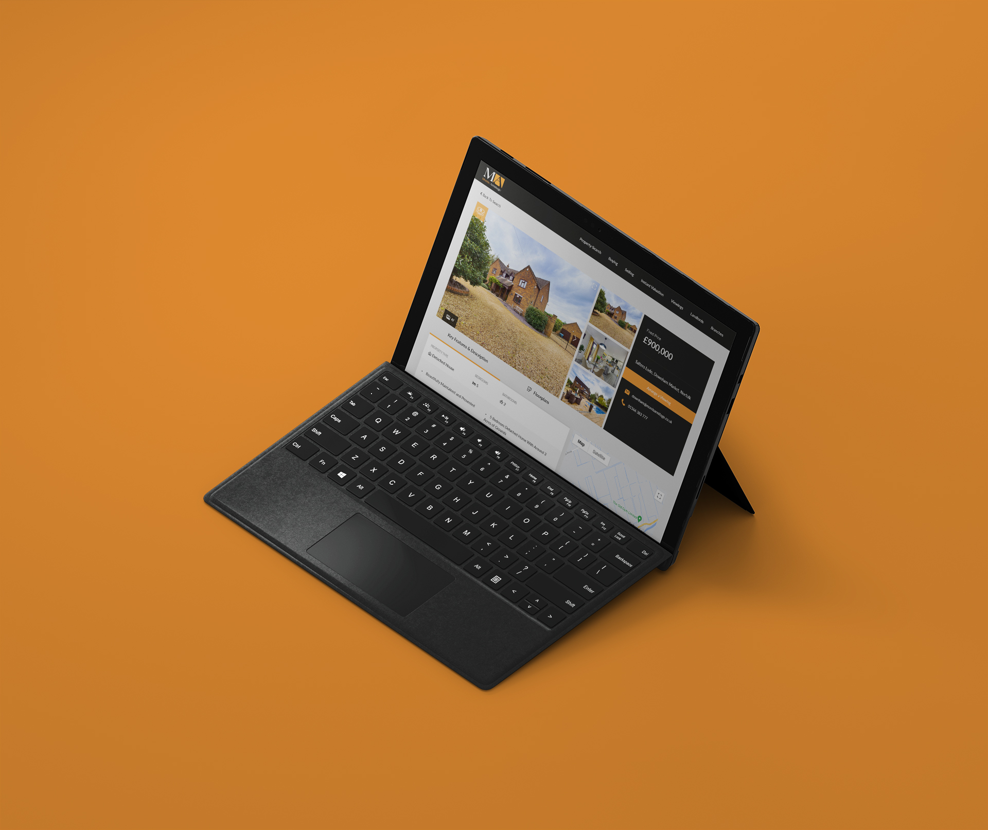 another image with orange background with a laptop showing a single property